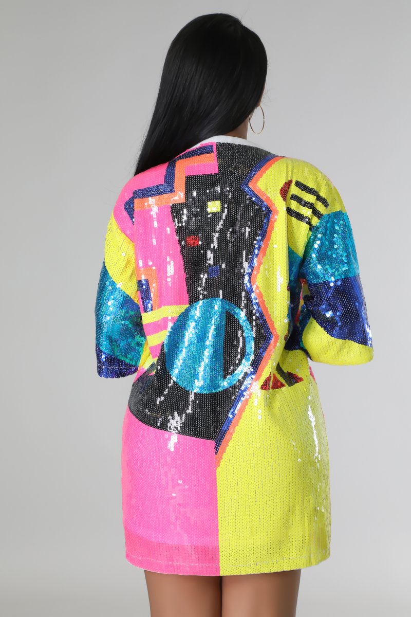 In my geometric sequin dress