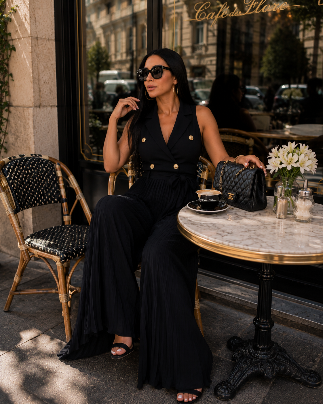 Button Front Belted Pleated Wide Leg Jumpsuit