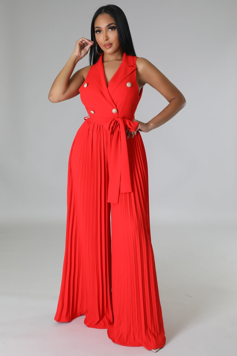 Button Front Belted Pleated Wide Leg Jumpsuit