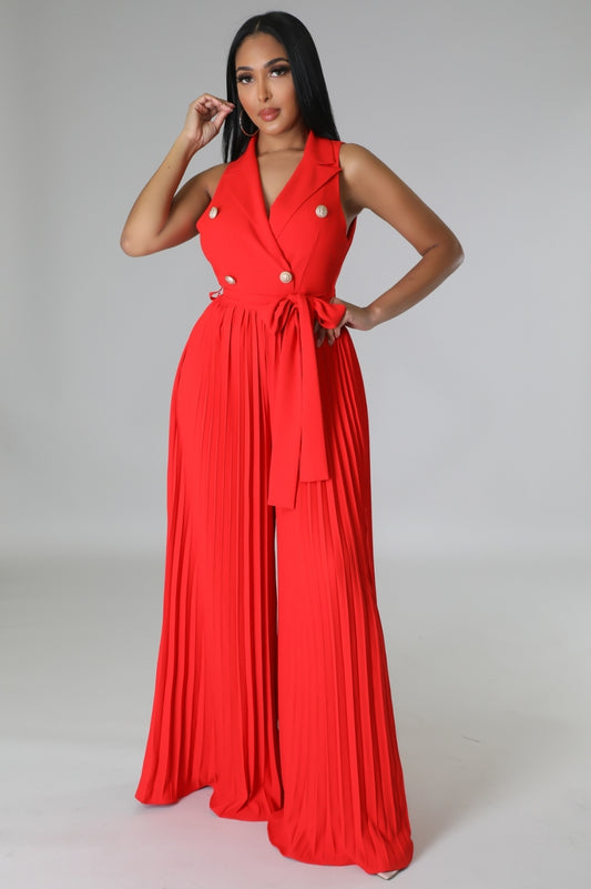 Button Front Belted Pleated Wide Leg Jumpsuit