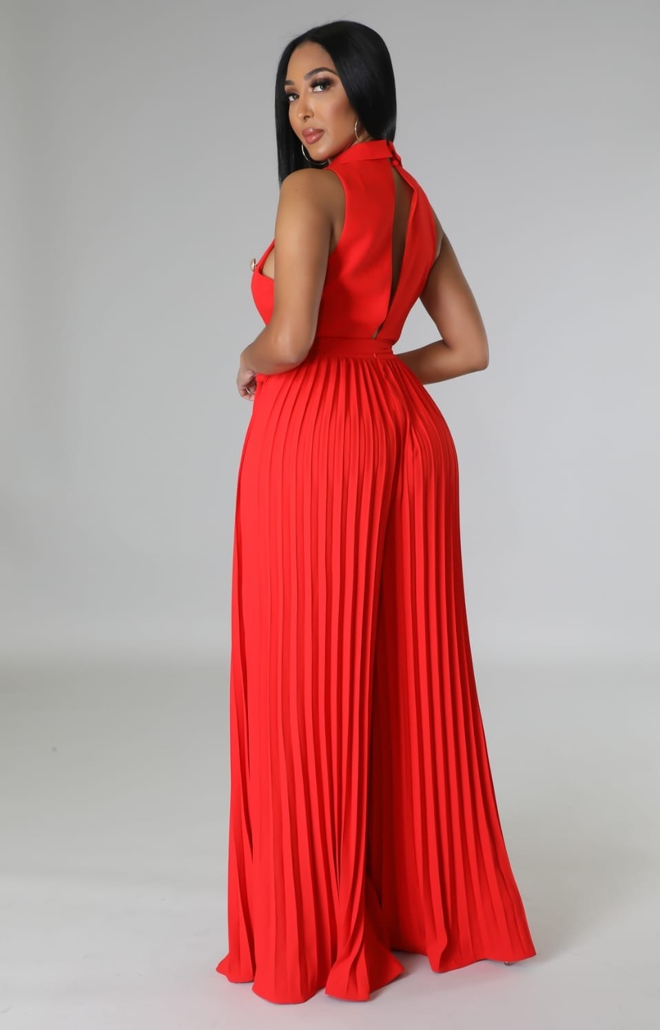 Button Front Belted Pleated Wide Leg Jumpsuit