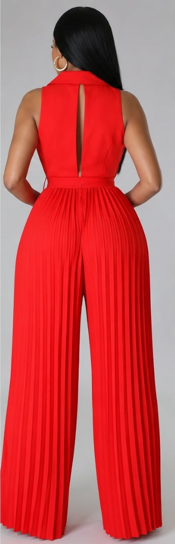 Button Front Belted Pleated Wide Leg Jumpsuit