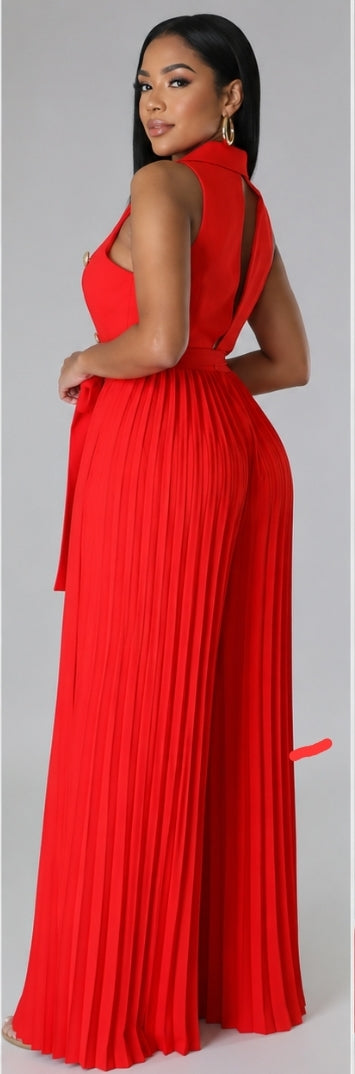 Button Front Belted Pleated Wide Leg Jumpsuit