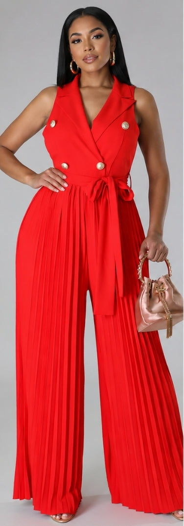 Button Front Belted Pleated Wide Leg Jumpsuit